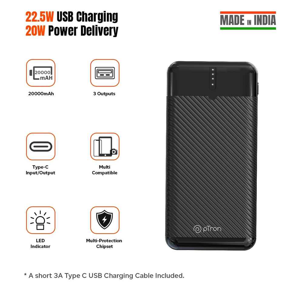 pTron Dynamo Surge 20000 mAh 22.5W Power Bank | VOOC/Wrap/Dash Charging | 20W Type-C Charging - Black
