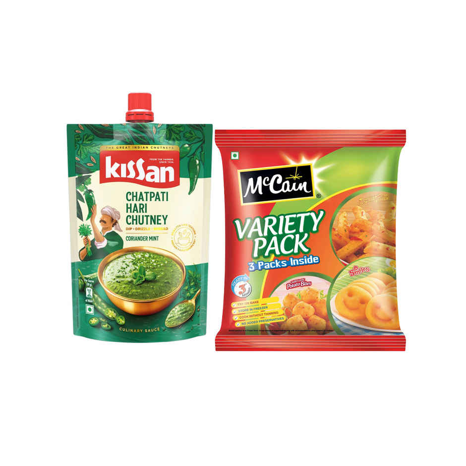 Kissan Chatpati Hari Chutney Doy (100g) & Mccain Variety Pack | No Added Preservatives (550g) Combo