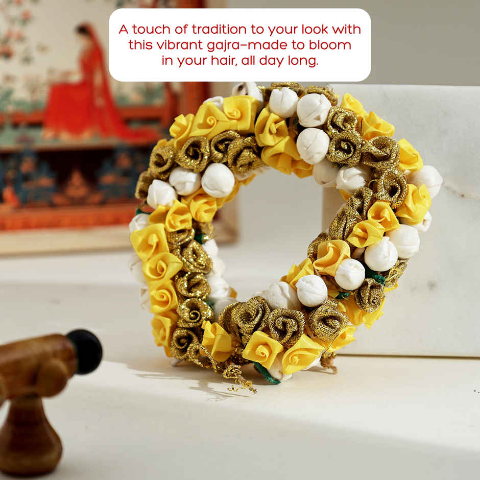 Artificial Flower Gajra | Traditional Hair Accessory | Yellow & White | Oye Happy