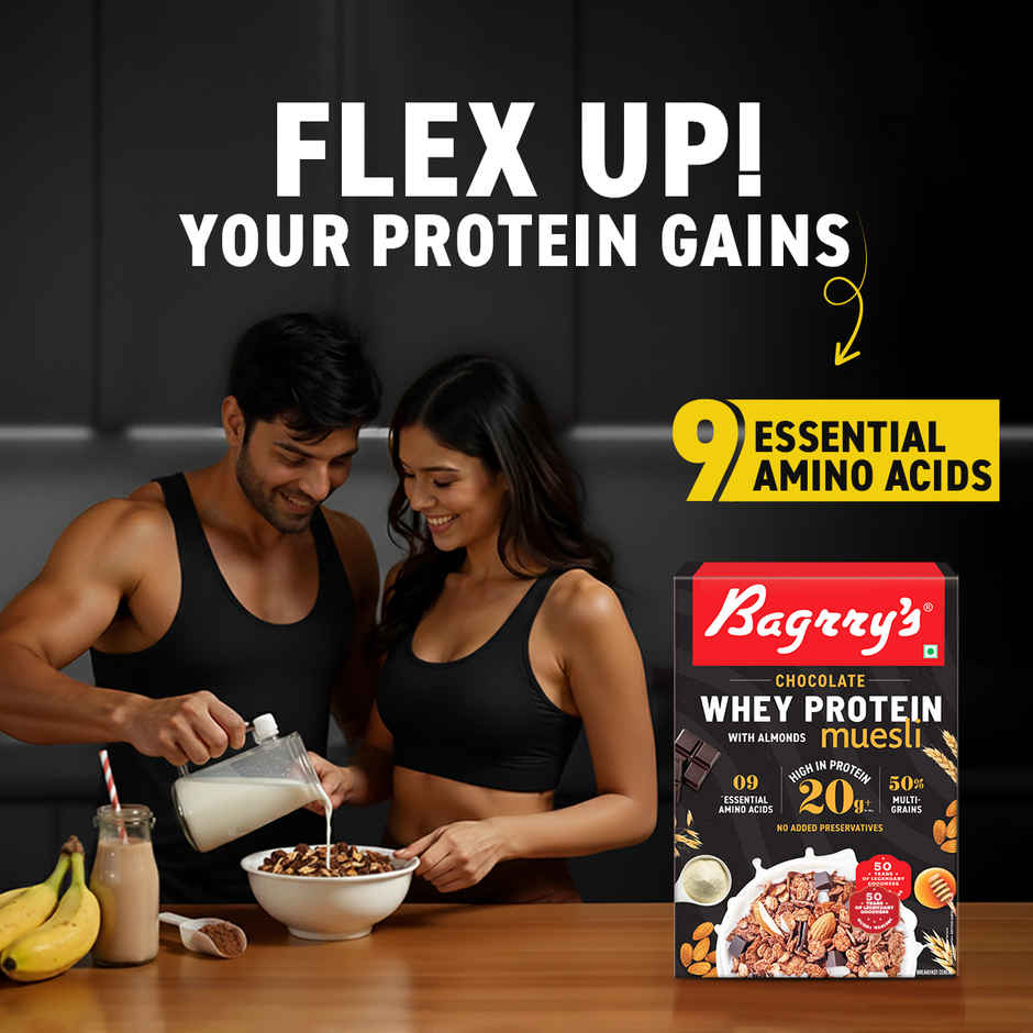 Bagrry's Whey Protein Chocolate Muesli with Almonds | 20g protein | Pure Whole Oats | 500gm carton