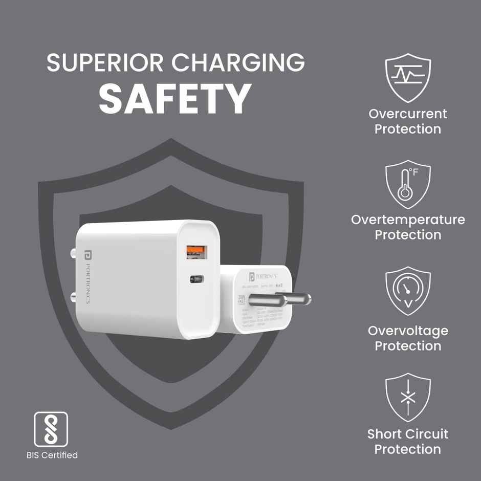 Portronics Adapto 45 22.5W Max Output USB & Type-C Dual Output Super Fast Charger,Wall Adapter Power Delivery 3.0& USB A Fast Charge Adaptor for iPhone,Android & Other Type C Enabled Devices - White