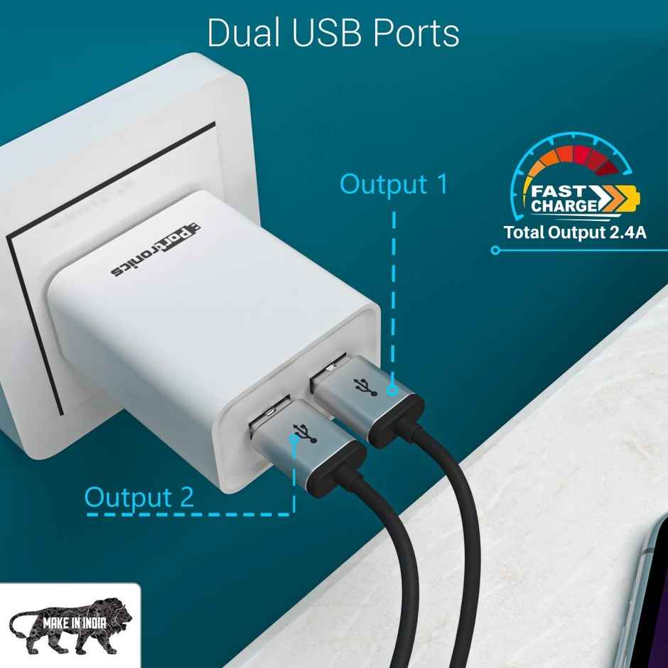 Portronics Adapto 66 2.4A 12w Dual USB Port 5V/2.4A Wall Charger,Comes 1M Micro USB Cable White
