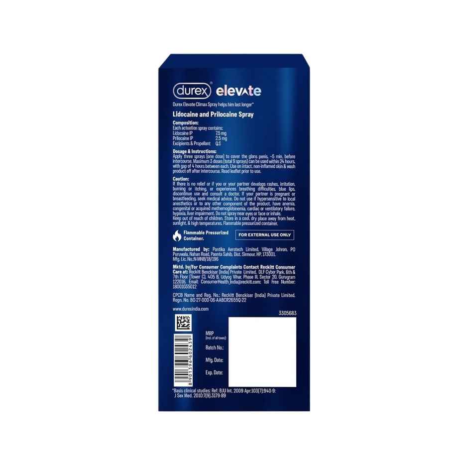 Durex Elevate Climax Delay Spray For Men, With Dual Active Formula