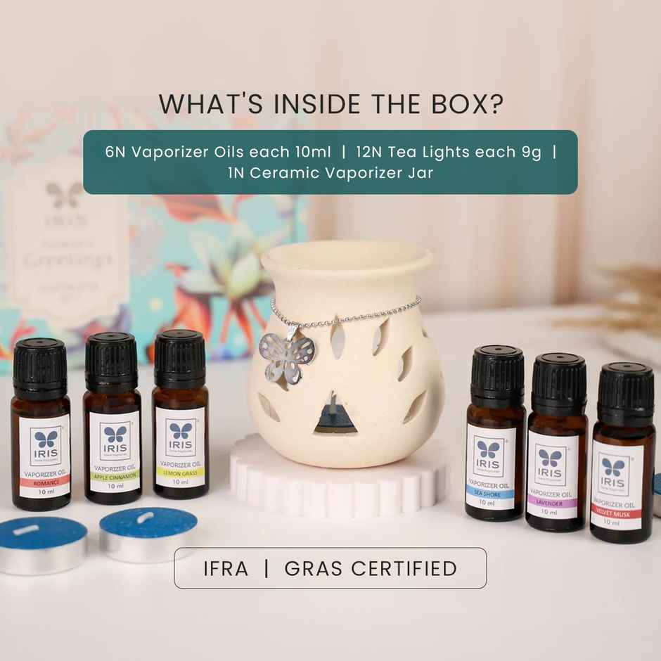 IRIS Fragrance Vaporizer Giftpack With 6 Assorted Oils And Tealights