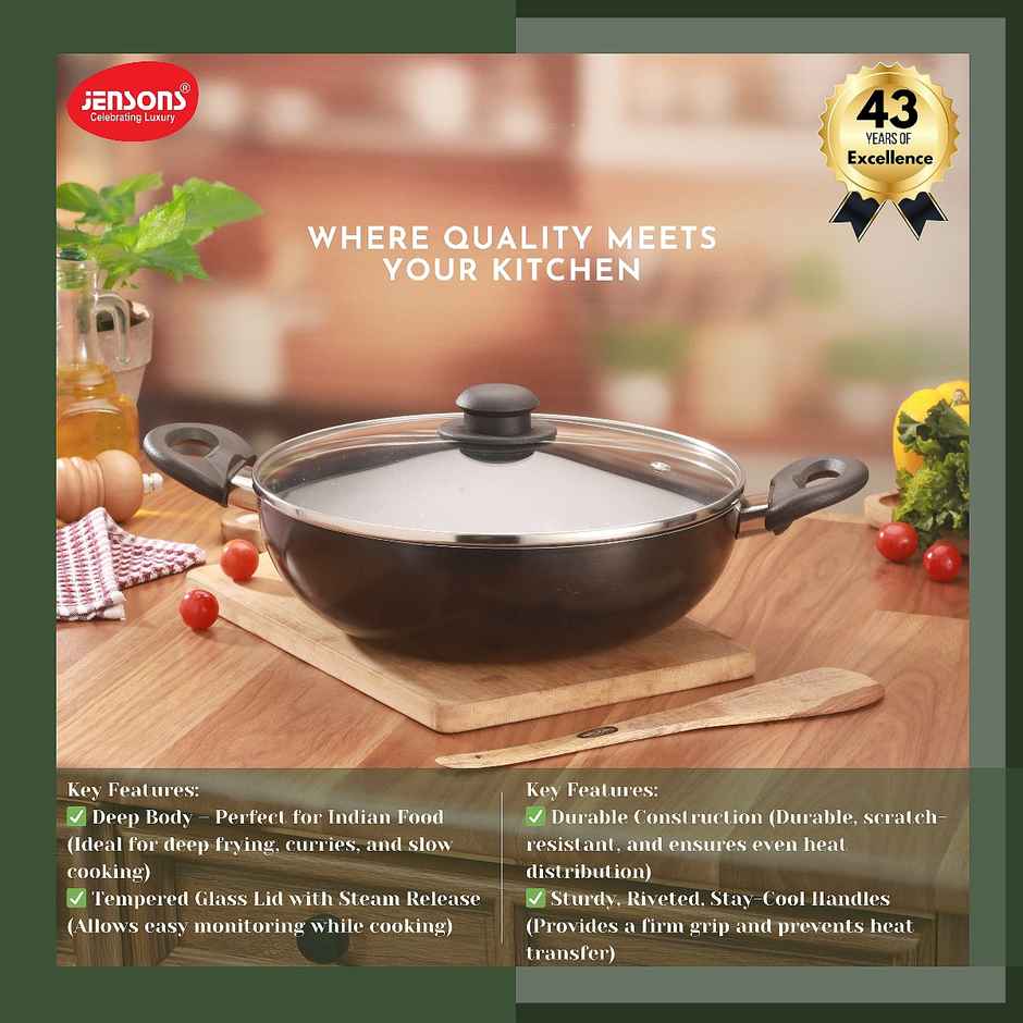 Jensons Cuisine Non-Stick 2 L Kadhai with Glass Lid, 24cm Marble Texture Induction Compatible