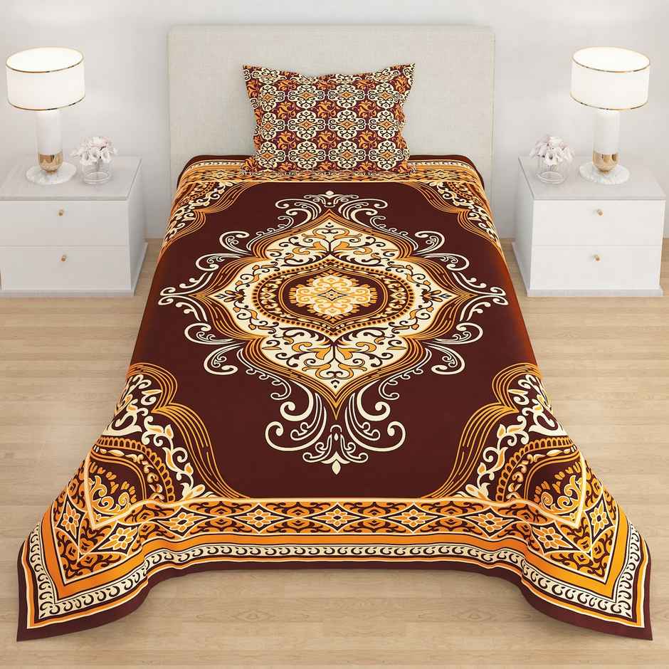 Story@Home 160 TC Microfiber Single Jaipuri Prints Flat Bedsheet | Brown