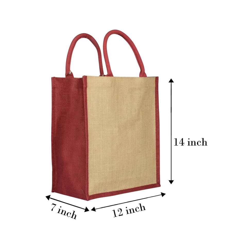 Jute Cottage Carry Bag - Sides Colour Lunch Bag | Eco-friendly | Stylish | Maroon | 14 x 12 x 7