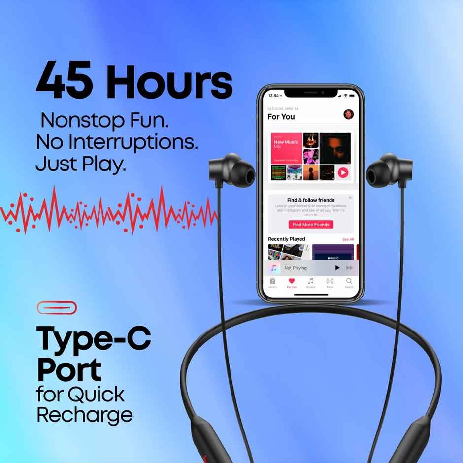 pTron Tangent Eon Bluetooth Neckband | 45H Playtime | Hd Mic | Trutalk Ai-Enc Dual Device Pairing - Black