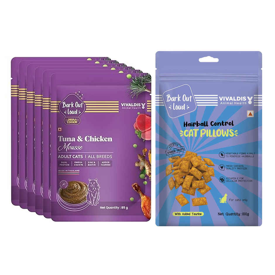 Bark Out Loud | Fresh Tuna And Chicken Mousse | Adult Cat Wet Food Gravy (510g) & Bark Out Loud Cat Pillows - Hairball Control Cat Treats - Made In Spain With Added Taurine &Vitamin E (100g) Combo