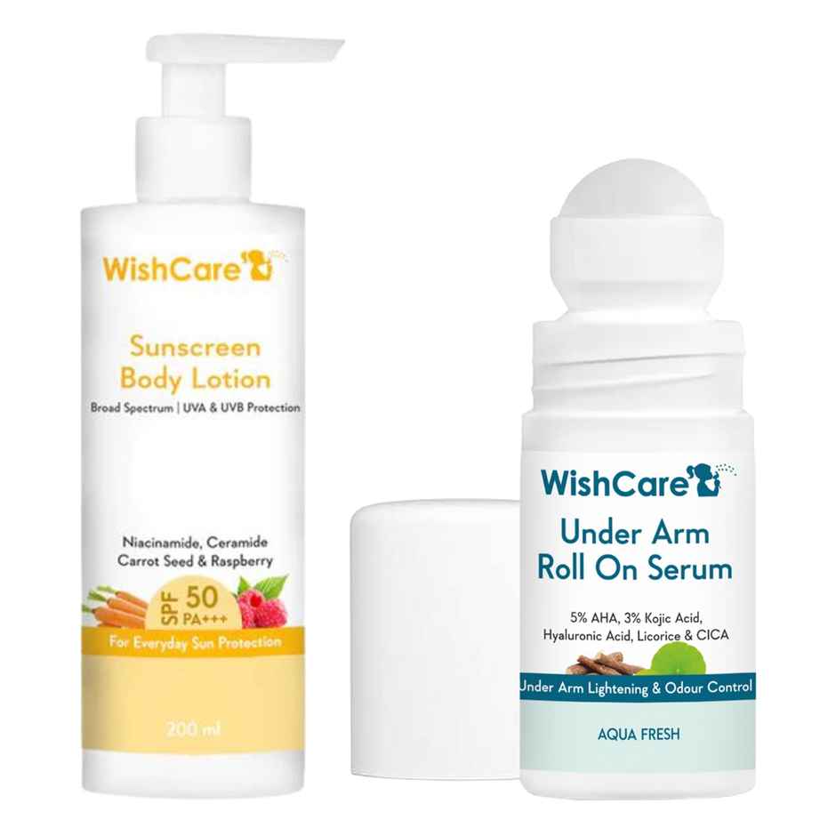 Wishcare Under Arm Roll On Serum With 5% Aha  3% Kojic Acid (50ml) & Wishcare Spf50 Niacinamide Sunscreen Body Lotion With No White Cast (200g) Combo