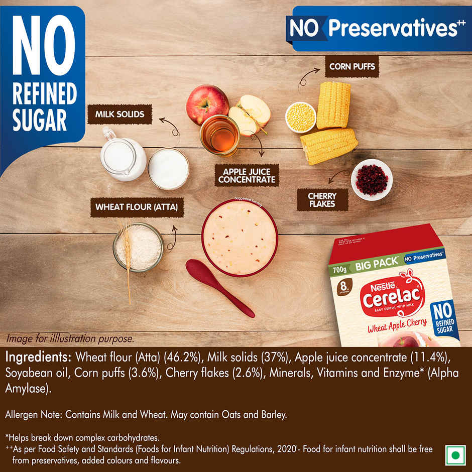 Nestle Cerelac Wheat Apple Cherry Baby Food Cereal,No Refined Sugar, No Preservatives,8 - 24 Months