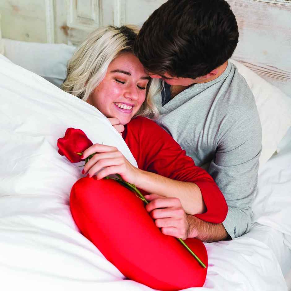 Fnp Magic Of Red Roses In Sleeve(1pc) & Webby Heart Shape Cushion Soft Toys | 30 Cm | Red(1pc) Combo