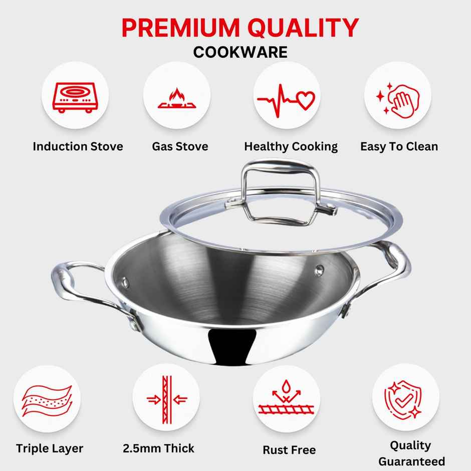 Vinod Platinum Triply Stainless Steel Kadai With Lid - 26 Cm ,3.2 L (Induction Friendly)