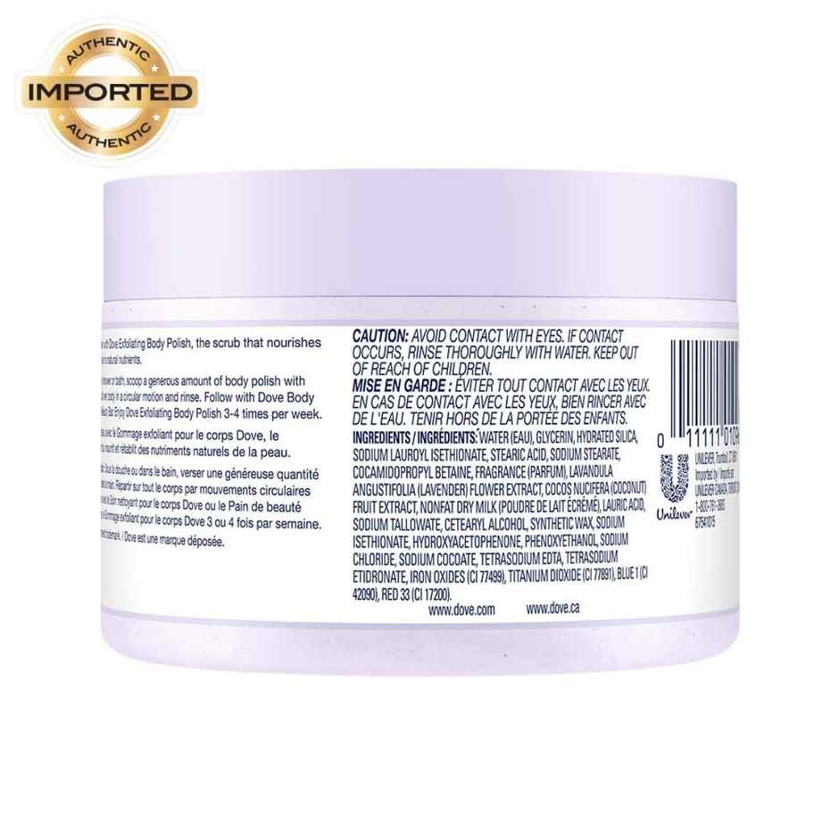 Dove Exfoliating Body Polish Scrub Crushed Lavender & Coconut Milk For Dry Skin
