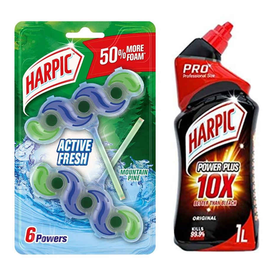 Harpic Fresh Mountain Pine Toilet Block (2pc) & Harpic Power Plus Original (1l) Combo