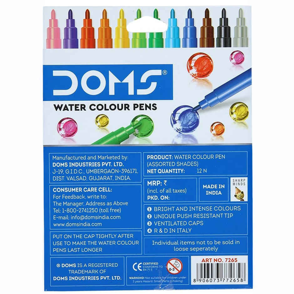 Doms Watercolour Aqua Pen 12 Shades Display Pack | Vibrant Colors