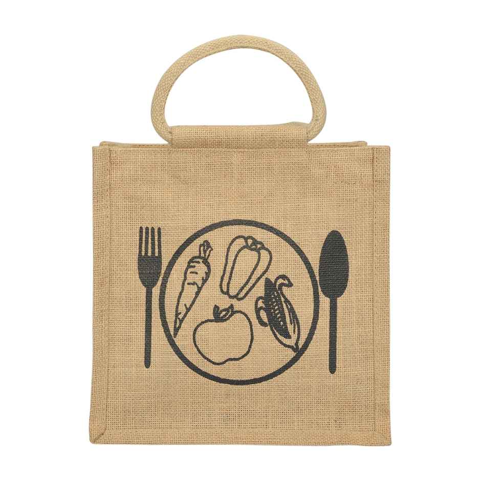 Jute Cottage Carry Bag - Spoon & Fork Print Zipper Lunch Bag | Eco-friendly | Natural | 10 x 10 x 7