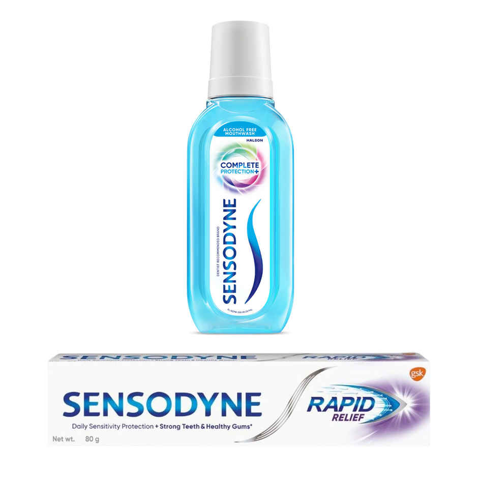 Sensodyne Complete Protection+ Mouthwash (250ml) & Sensodyne Rapid Relief Long Lasting Protection For Sensitive Teeth Toothpaste (80g) Combo