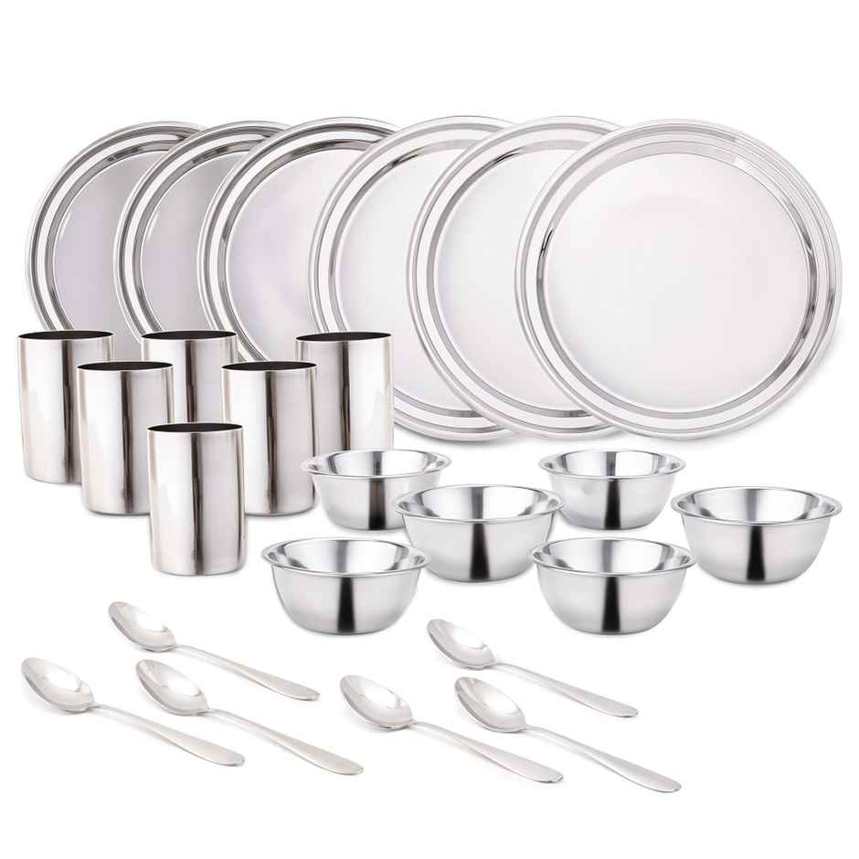 Wonderchef Venice Stainless Steel Dinner Set of 24 Pcs | Plates | Glasses | Bowls | Spoons
