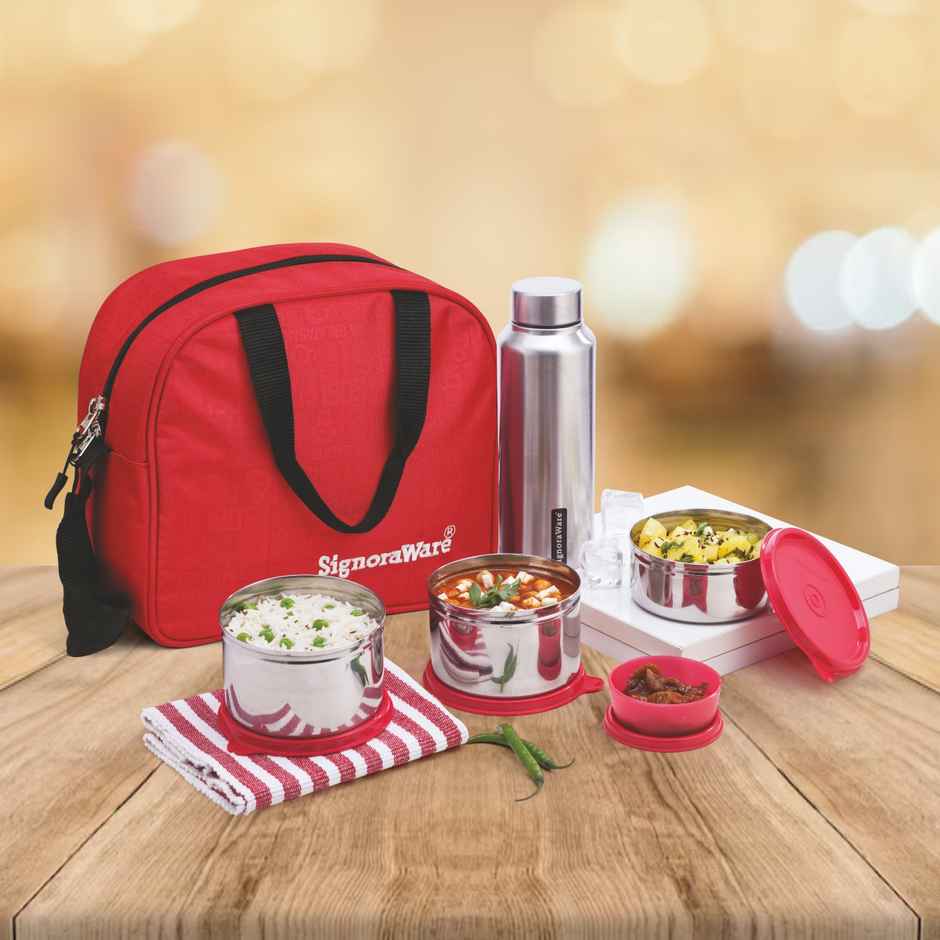 Signoraware Sling Steel Lunch Box With Steel Bottle Food Grade Stainless Steel Red