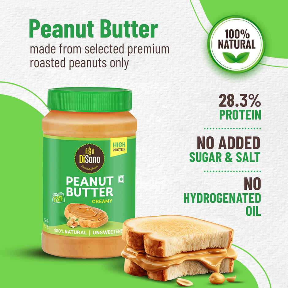 DiSano Natural Peanut Butter - Creamy, Unsweetened, 28.3% Protein, No Added Sugar,Pure Peanut