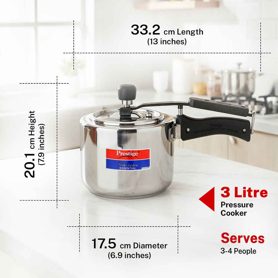 Prestige Nakshatra Essential Svachh SS Pressure Cooker 3L,Triply Base,Safety Plug,5Y Warranty,Silver