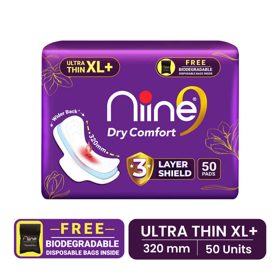 Niine Dry Comfort Ultra Thin XL+ Sanitary Pad | 320 mm and Wider Back | with Biodegradable Bags | 50 Pads