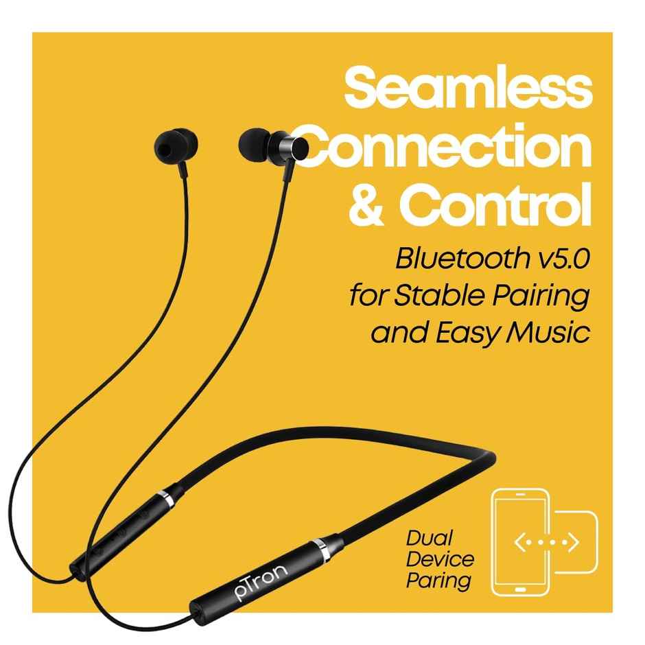 pTron Tangentbeat Bluetooth Neckband | Hd Calls | 18H Playtime | Sound Dual Device Pairing - Black