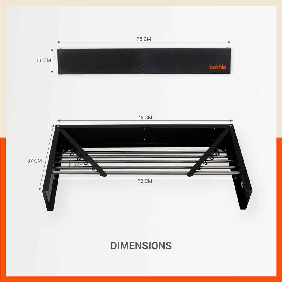 Bathla Wall Mounted Clothes Drying Rack | 3.5 m, 5 Steel Rods | Eze | Black