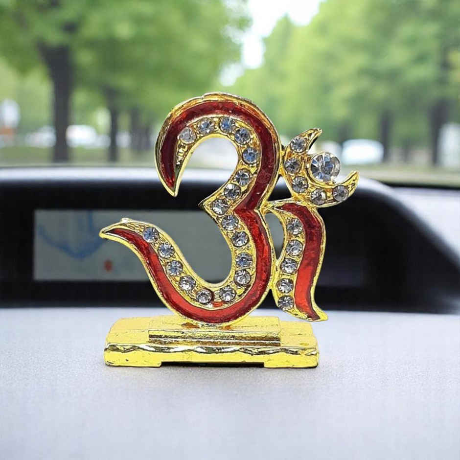 TiyuTrendzz Stone Studded Om for Car Dashboard | Pooja | Home | Office - Golden
