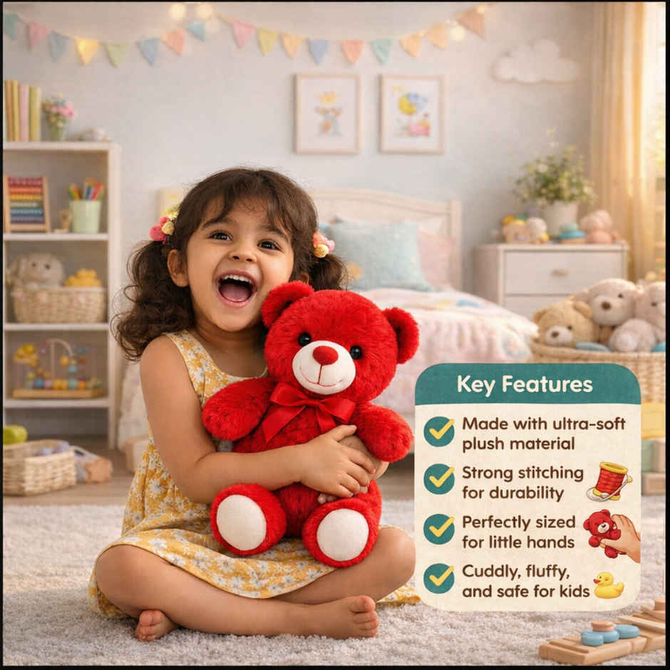 Strawberry Jar Cake (1pc) & Fablue Cute Red Fur Teddy Bear With Red Bow Plush Toy  (1pc) Combo