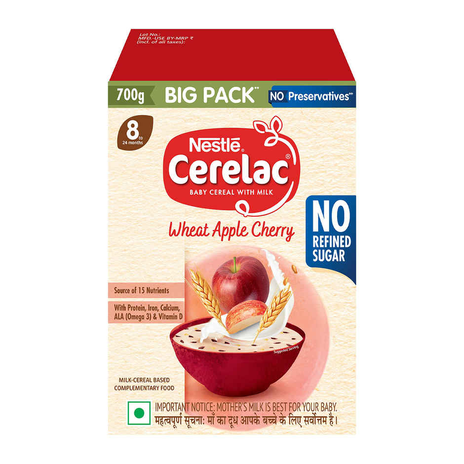 Nestle Cerelac Wheat Apple Cherry Baby Food Cereal,No Refined Sugar, No Preservatives,8 - 24 Months
