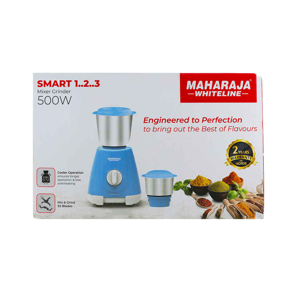 Maharaja Whiteline Smart 1..2..3 Mixer Grinder | 500 W Motor | 2 Jars - Blue