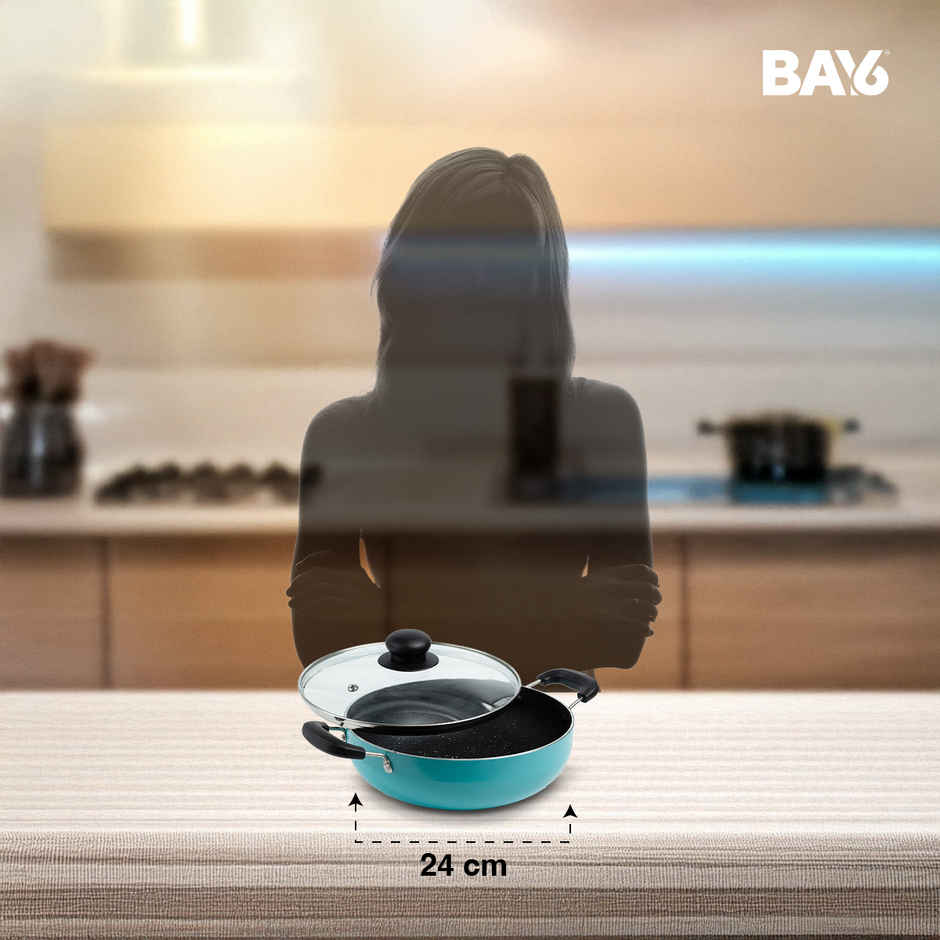 BAY6 Nonstick Induction Bottom Kadai with Glass Lid (3mm) 24 cm - Teal