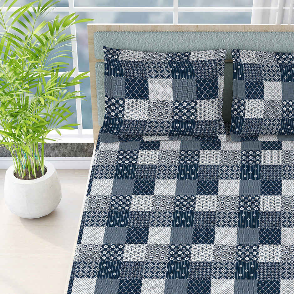 Boutique Living Alpha Geo (Valatia) 100% Cotton 200 TC Blue King Bedsheet with 2 Pillow Covers