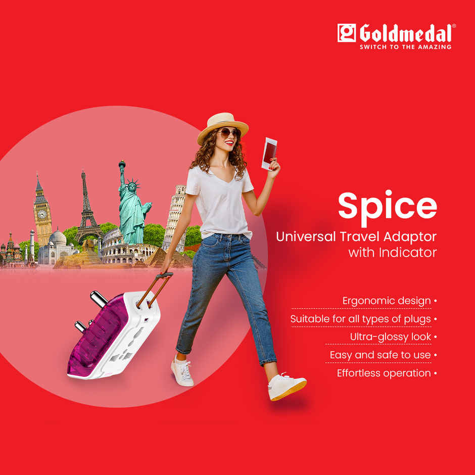 Gold Medal Spice 3 Pin 240V Multi Plug Socket | Universal Travel Adaptor with LED Indicator | Supports 2-Pin&3-Pin Plugs | Multiplug for Home&Office Appliances Combo
