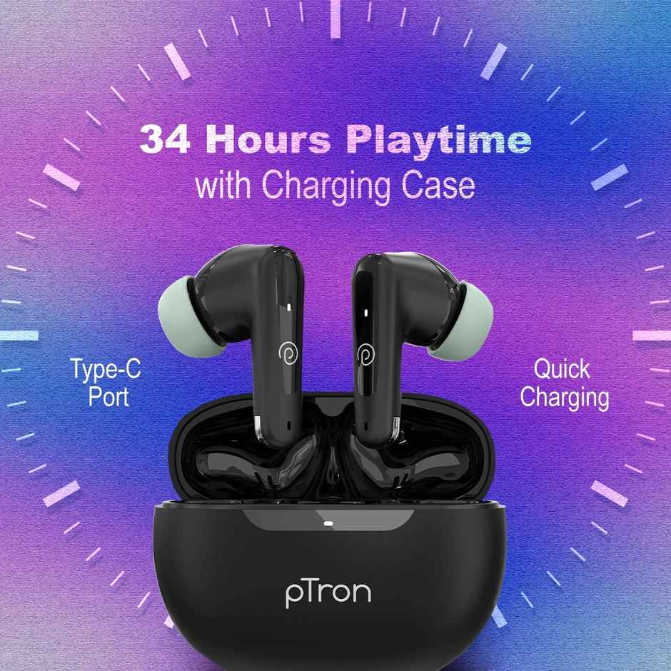 pTron Basspods Mojo TWS Earbuds | 34H Playtime | Clear Calls | Immersive Sound & Voice Assist - Black/Green