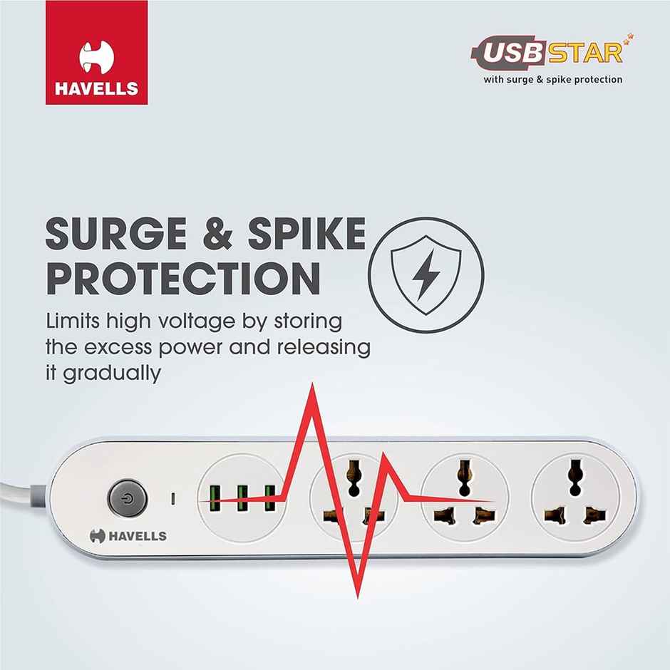 Havells Usb Star Extension Board - 1.5Mtr, 3 USB, 3+1, 3 Pin (1.5m Length)