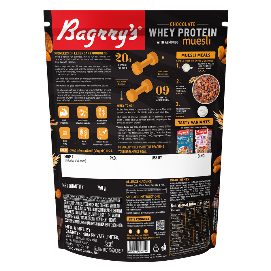 Bagrry's Whey Protein Muesli Protein Per Serve Chocolate Flavour Whole Oats & Californian Almonds