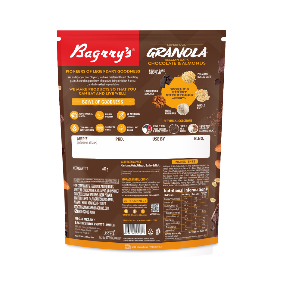 Bagrry's Belgian Dark Chocolate & Almonds Granola (Truly Natural Cocoa)