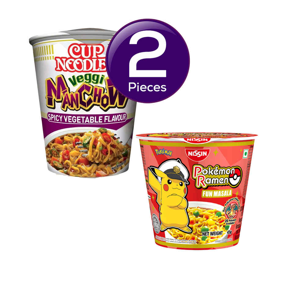 Nissin Cup Veggie Manchow(70.0 gms) & Indo Nissin Pokemon Ramen Fun Masala | Flavorful Instant Noodles(45.0 gms) Combo