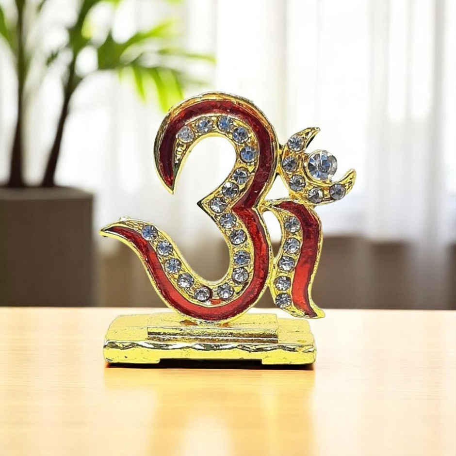 TiyuTrendzz Stone Studded Om for Car Dashboard | Pooja | Home | Office - Golden