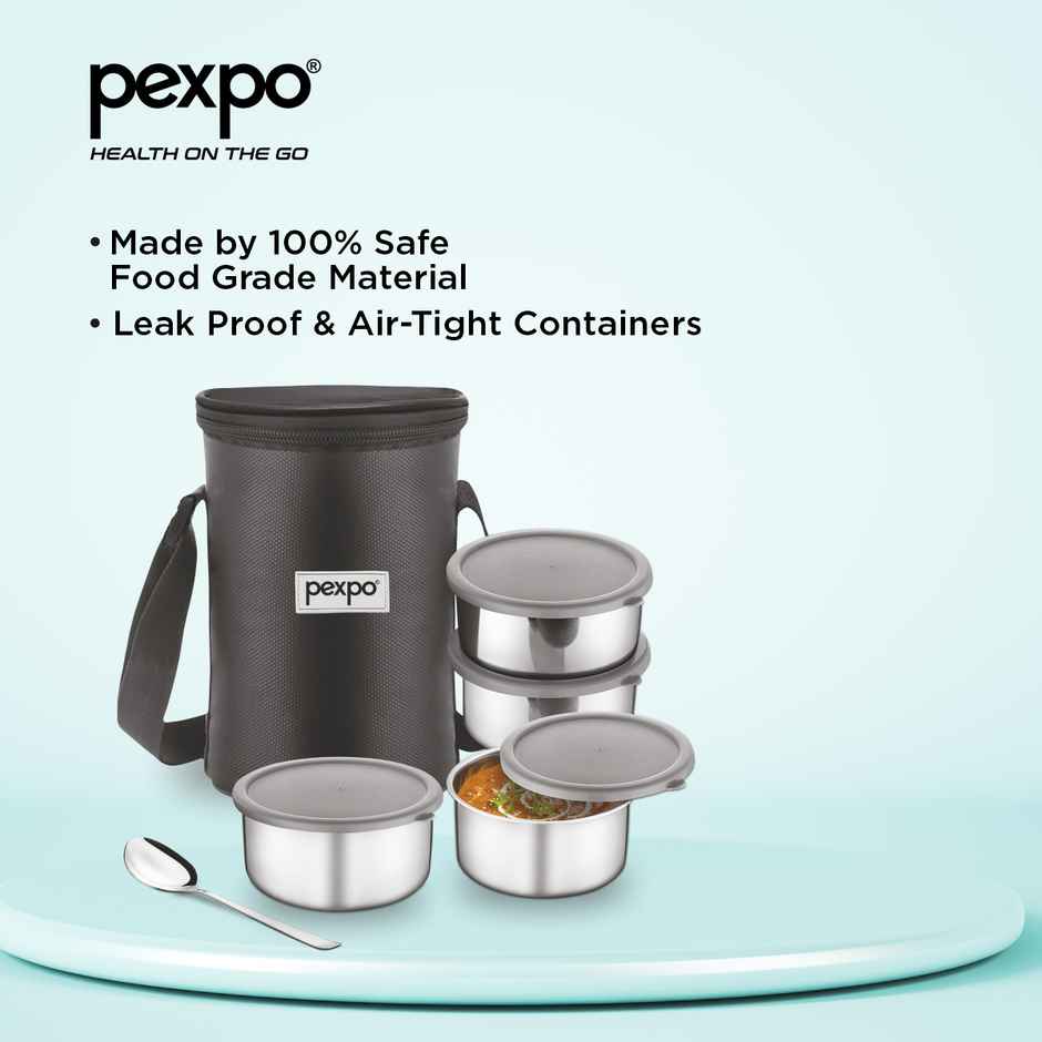 Pexpo Stainless Steel Lunch Box With 4 Air-Tight Containers, 1 Spoon & Bag, Eco Pro 4
