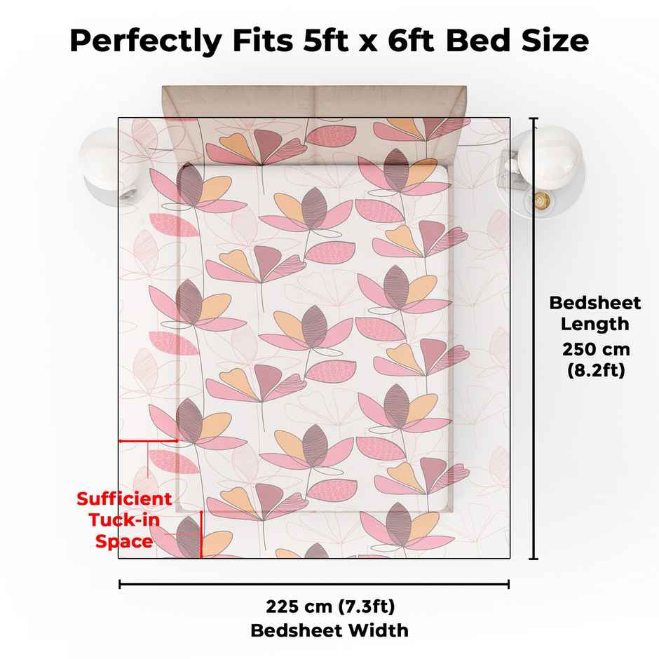 Story@home Double Cotton 152 TC Floral Flat Bedsheet | Baby Pink | 98 x 89 in