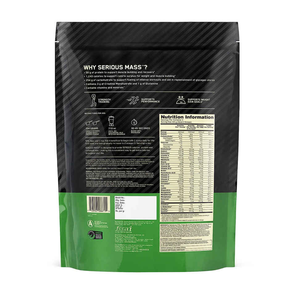 Optimum Nutrition Serious Mass Weight Gainer Powder High Protein & Calories Vegetarian Chocolate