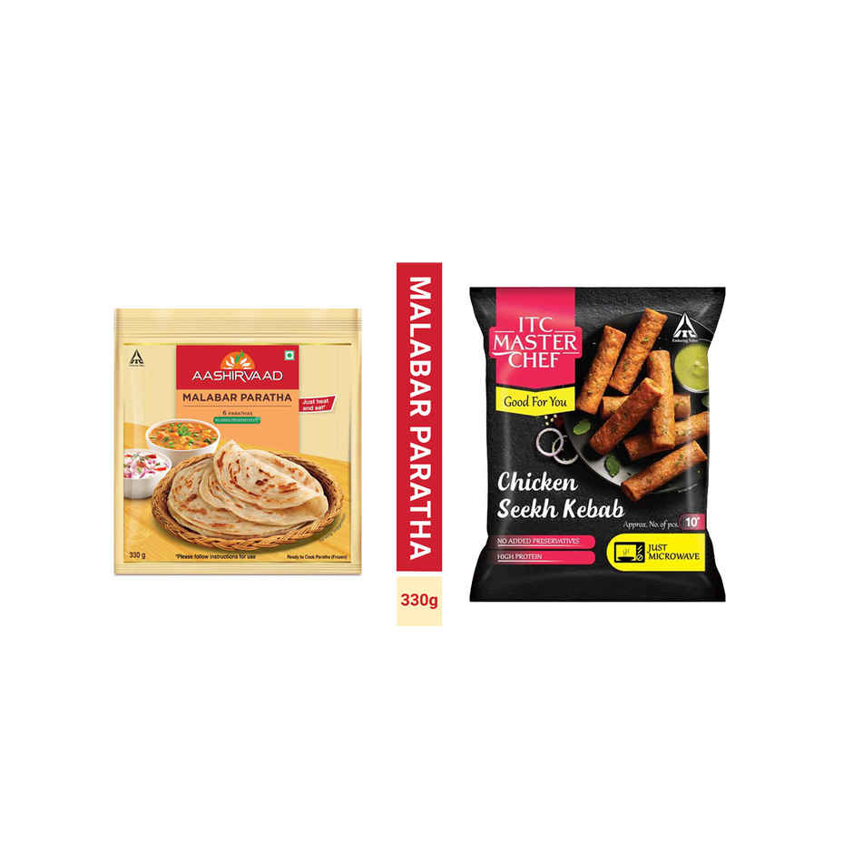 Aashirvaad Malabar Paratha (Heat & Eat) (330g) & Itc Master Chef Chicken Seekh Kebab | High In Protein | No Added Preservatives | Microwave Friendly (500g) Combo