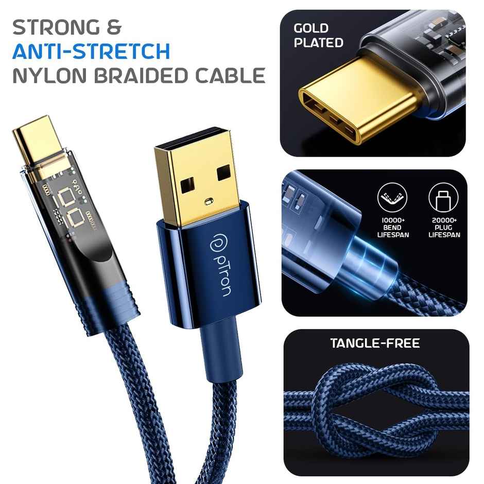 pTron Solero 65W USB to Type-C Fast Charging USB Cable Compatible with Samsung,OnePlus,Oppo,Vivo,Xiaomi,Realme & Other Type-C Devices, Unbreakable 1M Nylon Braid, 480Mbps Data Sync Speed - Blue
