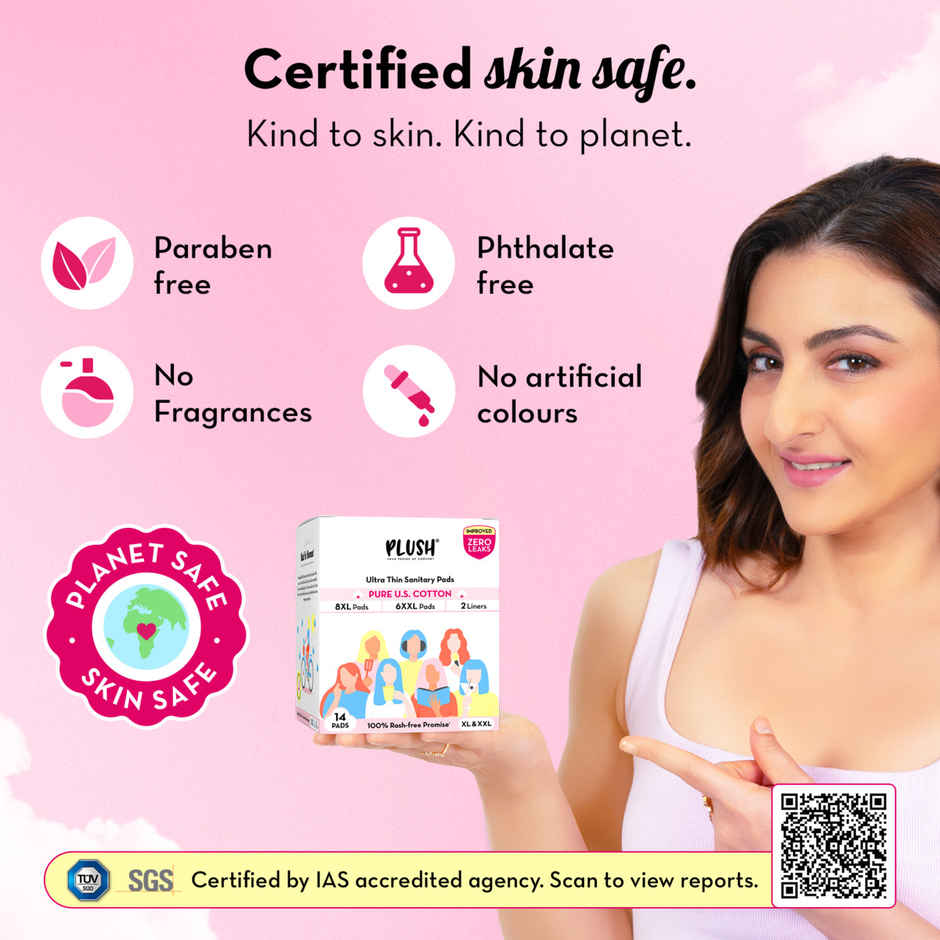 Plush Sanitary Pads Curated - (14pc) & Plush 100% Pure Us Cotton Panty Liners (20pc) Combo