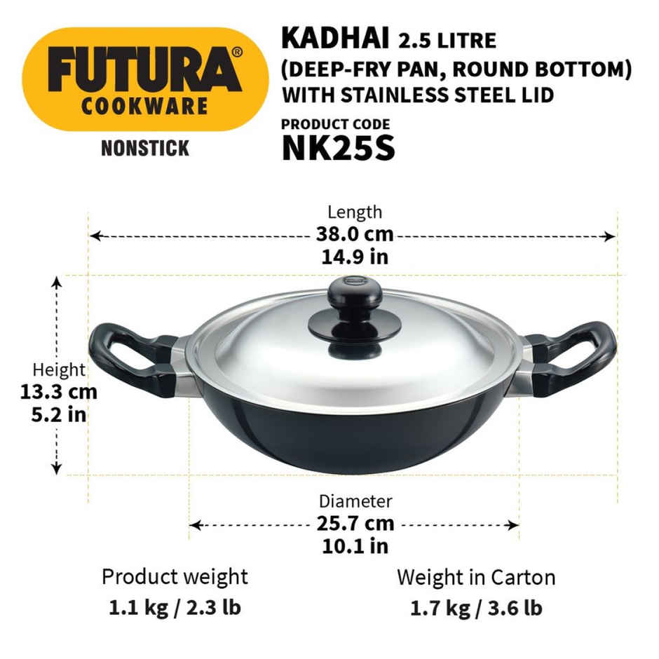 Hawkins Futura 2.5 Litre Deep Fry Pan Non Stick Kadai With Stainless Steel Lid Round Bottom - Black