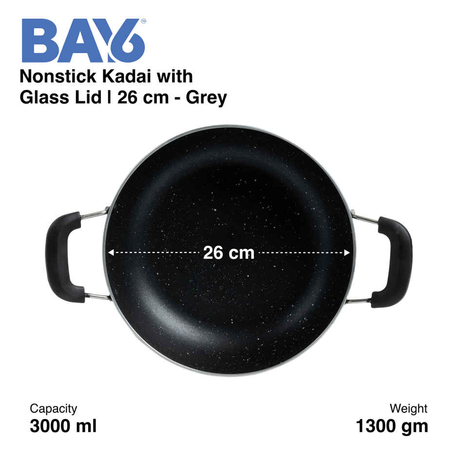 BAY6 Nonstick Kadai with Glass Lid | 26 cm - Grey